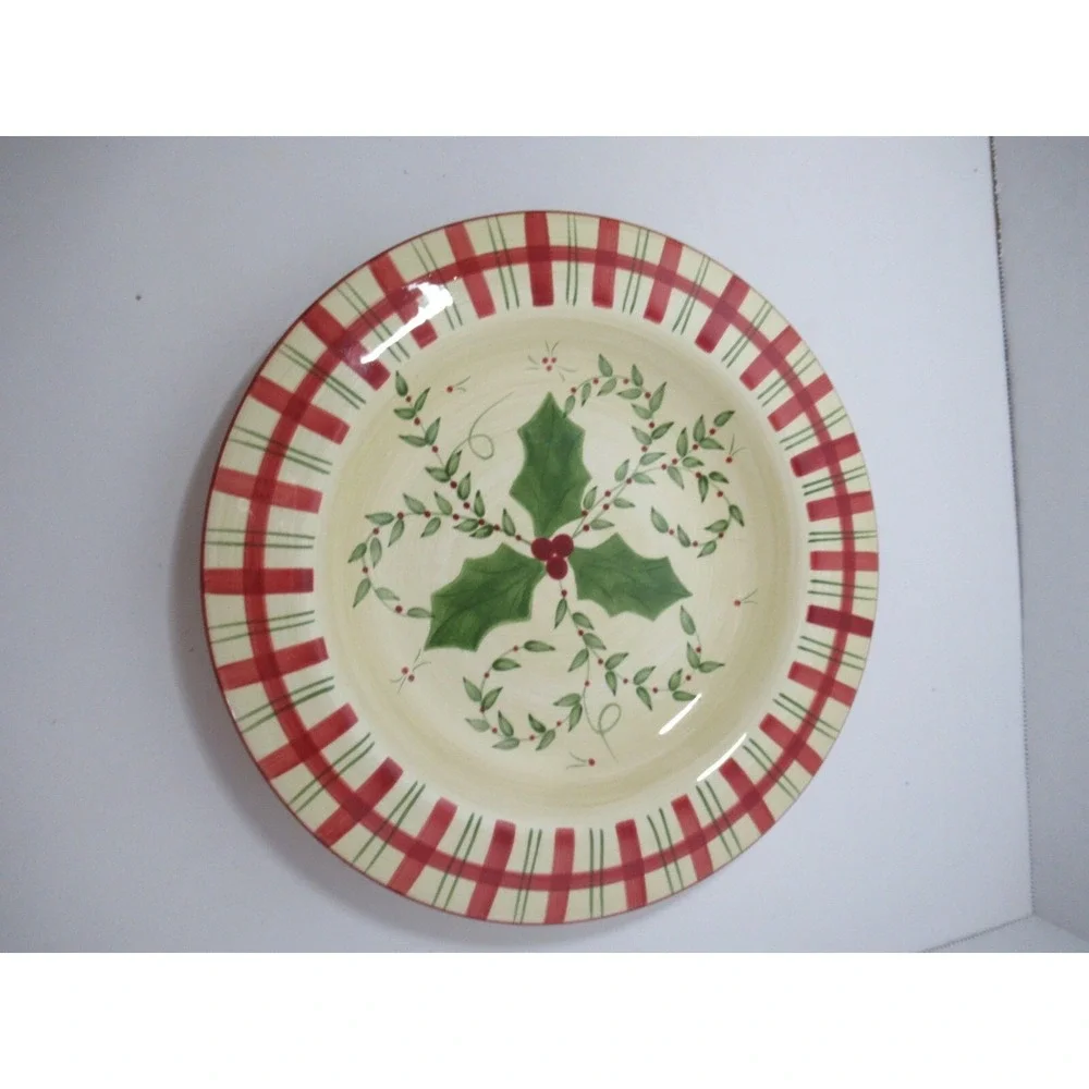 Los Angeles Pottery Laurie Gates design 2 salad plates holly berries plaid Xmas